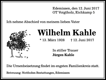 Traueranzeige von Wilhelm Kahle von Peiner Allgemeine Zeitung