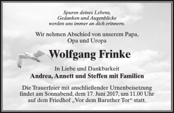 Traueranzeige von Wolfgang Frinke von MAZ-Trauer.de