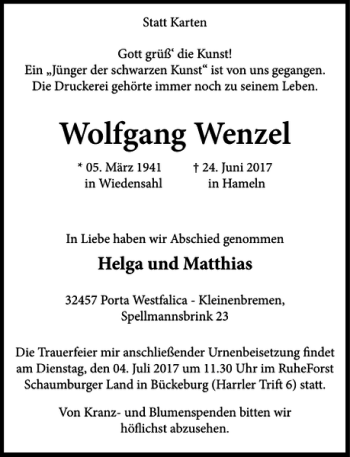 Traueranzeige von Wolfgang Wenzel von Schaumburger Nachrichten