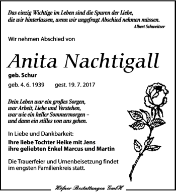 Traueranzeige von Anita Nachtigall von Torgauer Zeitung
