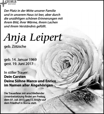 Traueranzeige von Anja Leipert von Leipziger Volkszeitung