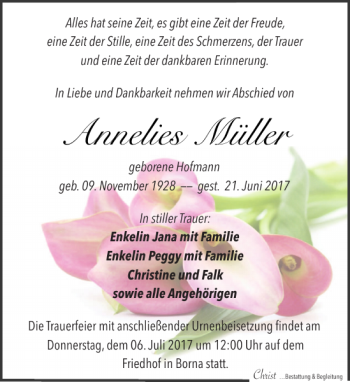 Traueranzeige von Annelies Müller von Leipziger Volkszeitung