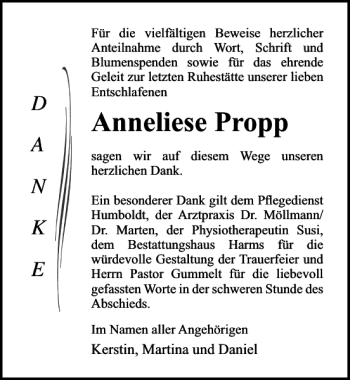 Traueranzeige von Anneliese Propp von Ostsee-Zeitung