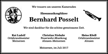 Traueranzeige von Bernhard Posselt von Aller Zeitung / Wolfsburger Allgemeine