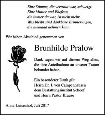 Traueranzeige von Brunhilde Pralow von Ostsee-Zeitung