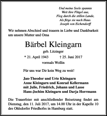 Traueranzeige von Bärbel Kleingarn von Ostsee-Zeitung