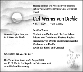 Traueranzeige von Carl-Werner von Drehle von Ostsee-Zeitung