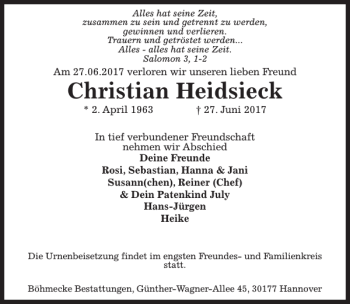 Traueranzeige von Christian Heidsieck von HAZ/NP