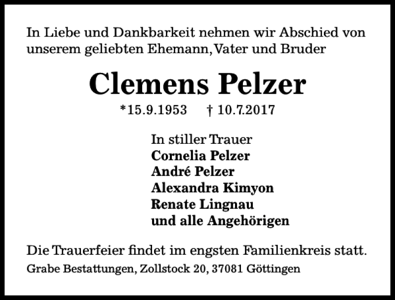  Traueranzeige für Clemens Pelzer vom 15.07.2017 aus Göttinger Tageblatt