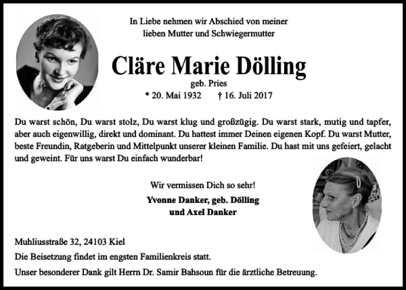  Traueranzeige für Cläre Marie Dölling vom 22.07.2017 aus Kieler Nachrichten / Segeberger Zeitung