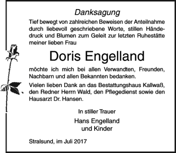 Traueranzeige von Doris Engelland von Ostsee-Zeitung