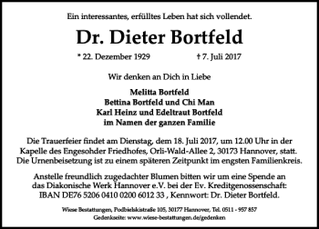 Traueranzeige von Dr. Dieter Bortfeld von HAZ/NP