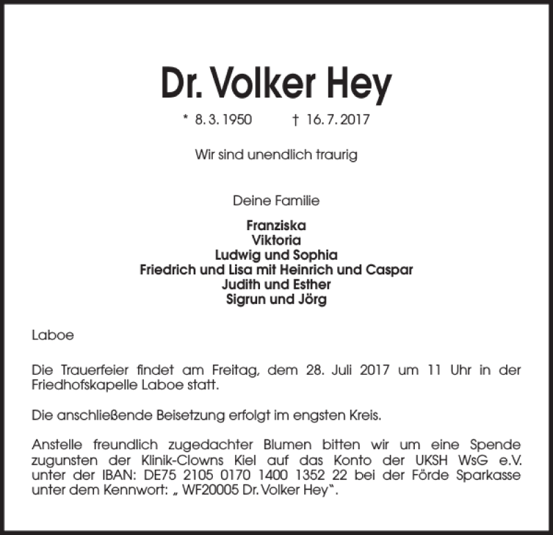  Traueranzeige für Dr. Volker Hey vom 22.07.2017 aus Kieler Nachrichten / Segeberger Zeitung