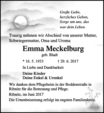 Traueranzeige von Emma Meckelburg von Ostsee-Zeitung