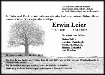 Traueranzeige von Erwin Leier von Peiner Allgemeine Zeitung