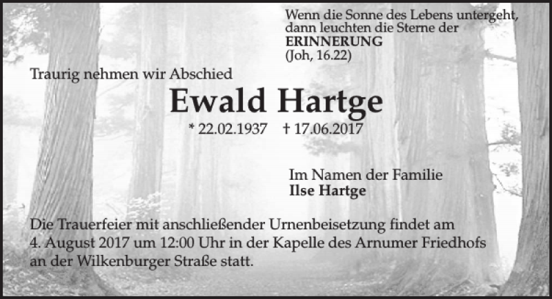  Traueranzeige für Ewald Hartge vom 01.07.2017 aus HAZ/NP