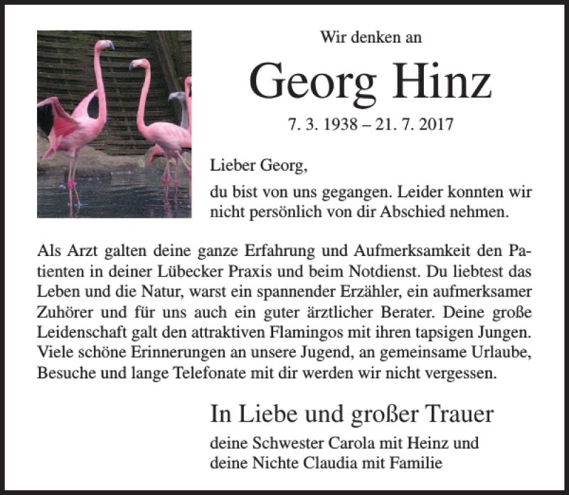  Traueranzeige für Georg Hinz vom 29.07.2017 aus Lübecker Nachrichten
