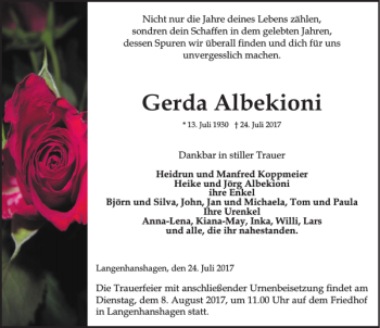 Traueranzeige von Gerda Albekioni von Ostsee-Zeitung