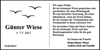 Traueranzeige von Günter Wiese von Kieler Nachrichten / Segeberger Zeitung