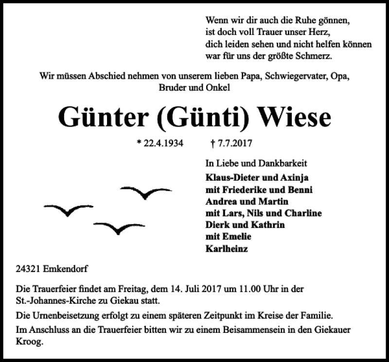  Traueranzeige für Günter Günti Wiese vom 11.07.2017 aus Kieler Nachrichten / Segeberger Zeitung