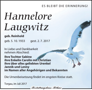 Traueranzeige von Hannelore Laugwitz von Torgauer Zeitung