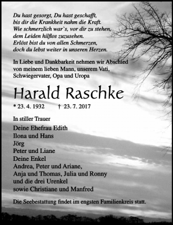 Traueranzeige von Harald Ra chke von Ostsee-Zeitung