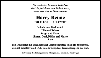 Traueranzeige von Harry Reine von HAZ/NP