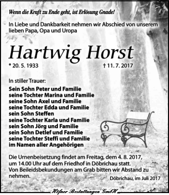 Traueranzeige von Hartwig Horst von Torgauer Zeitung