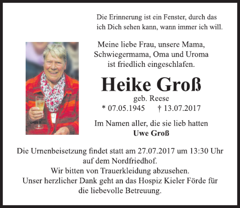  Traueranzeige für Heike Groß vom 22.07.2017 aus Kieler Nachrichten / Segeberger Zeitung