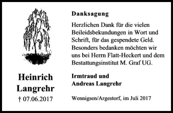 Traueranzeige von Heinrich Langrehr von HAZ/NP