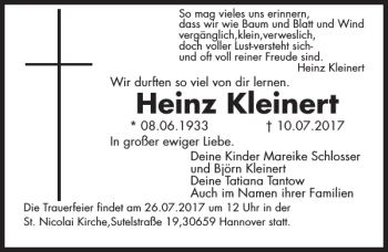 Traueranzeige von Heinz Kleinert von HAZ/NP