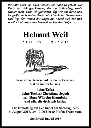 Traueranzeige von Helmut Weil von Ostsee-Zeitung