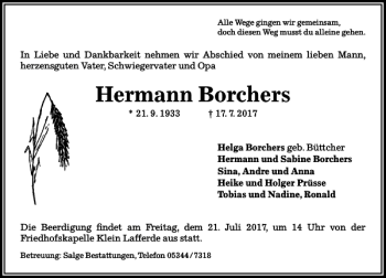 Traueranzeige von Hermann Borchers von Peiner Allgemeine Zeitung