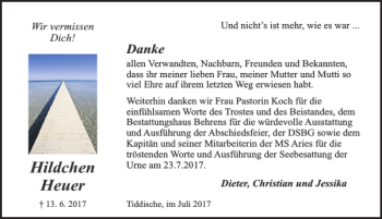 Traueranzeige von Hildchen Heuer von Aller Zeitung / Wolfsburger Allgemeine
