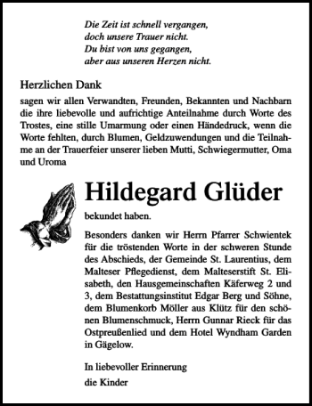 Traueranzeige von Hildegard Glüder von Ostsee-Zeitung