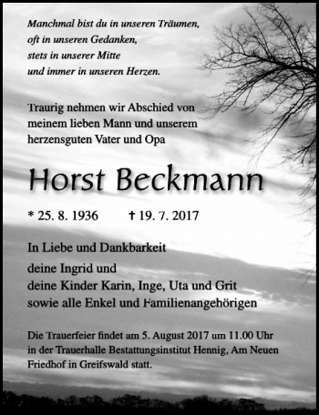Traueranzeige von Horst Beckmann von Ostsee-Zeitung