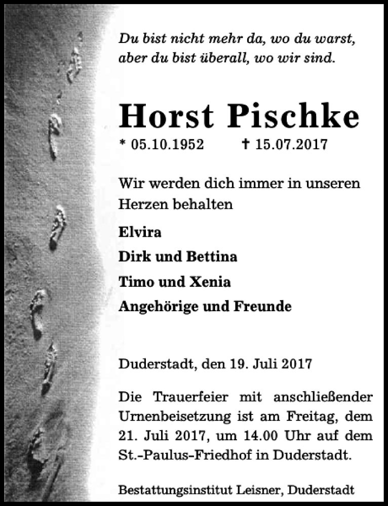  Traueranzeige für Horst Pischke vom 19.07.2017 aus Eichsfelder Tageblatt