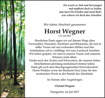 Traueranzeige von Horst Wegner von Ostsee-Zeitung