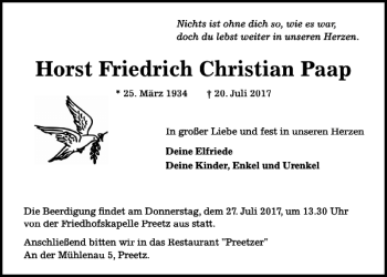 Traueranzeige von Horst Friedrich Christian Paap von Kieler Nachrichten / Segeberger Zeitung