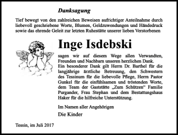 Traueranzeige von Inge Isdebski von Ostsee-Zeitung