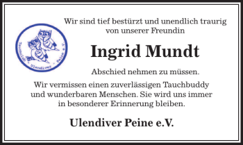 Traueranzeige von Ingrid Mundt von Peiner Allgemeine Zeitung