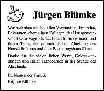 Traueranzeige von Jürgen Blümke von Ostsee-Zeitung