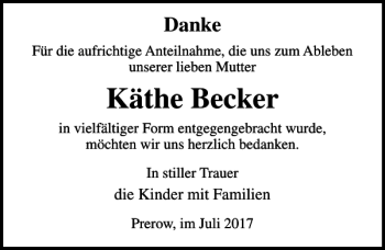Traueranzeige von Käthe Becker von Ostsee-Zeitung