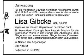 Traueranzeige von Lisa Gibcke von Ostsee-Zeitung