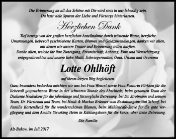 Traueranzeige von Lotte Ohlhöft von Ostsee-Zeitung