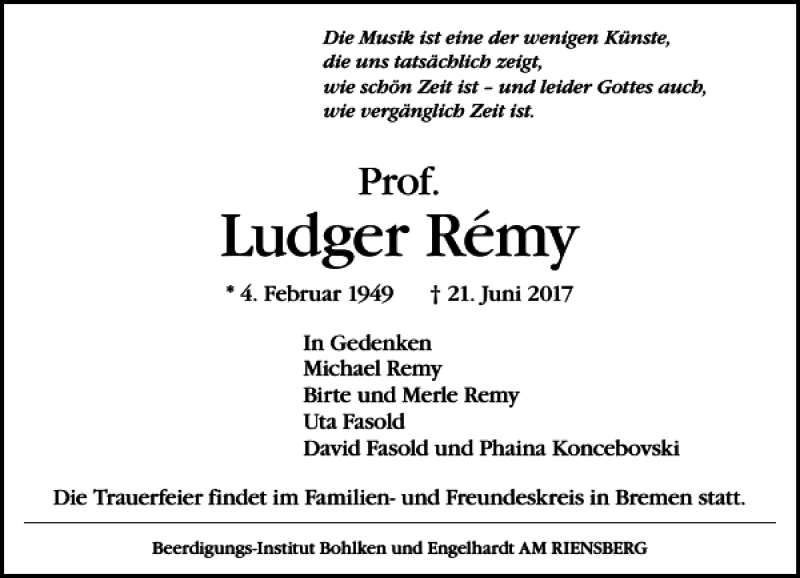  Traueranzeige für Ludger Rémy vom 01.07.2017 aus Dresdner Neueste Nachrichten