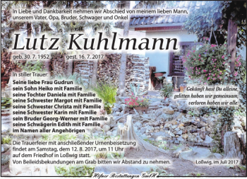 Traueranzeige von Lutz Kuhlmann von Torgauer Zeitung