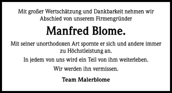 Traueranzeige von Manfred Blome von HAZ/NP