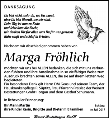 Traueranzeige von Marga Fröhlich von Torgauer Zeitung