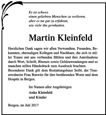Traueranzeige von Martin Kleinfeld von Ostsee-Zeitung